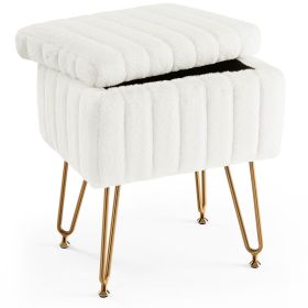 Faux Fur Storage Ottoman Vanity Stool, Small Modern Chair with Metal Legs for Bedroom, Pink/White/Grey