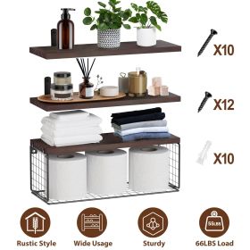 2 In 1 Floating Shelves Wall Mounted with Storage Basket Bathroom Shelves Over Toilet Wooden Shelves for Bedroom Living Room Kitchen Office Wall Decor