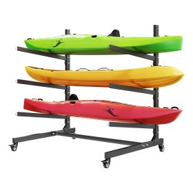 Kayak Storage Rack for 3 Kayaks, Holds 200 lbs, Heavy Duty Adjustable Freestanding Stand with Lockable Wheels for Indoor Outdoor Garage Shed Dock